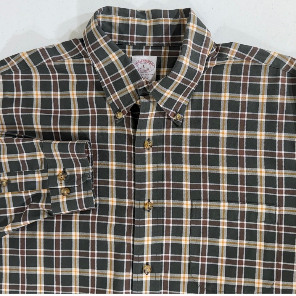 Brooks Brothers Button Down Large Green Brown Plaid Non-Iron Supima Cotton